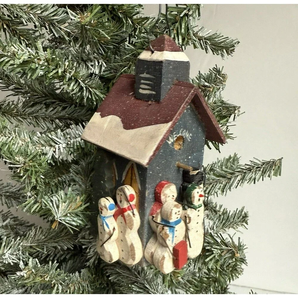 Vintage Christmas Ornament Snowman Family Church Painted Wood Primitive Country